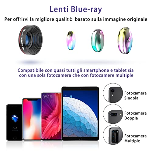 Selvim Kit Obbiettivi Smartphone, Versione Aggiornata con Lenti Blu-Ray Per Migliore Risoluzione, Obbiettivo Macro 25x, Grandangolare 0.62X, Fisheye 235, Teleobbiettivo 22x, Compatibilità Universale.