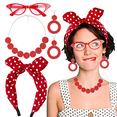 BETESSIN Travestimento Anni 50 Donna 4pz Accessori Costume Vintage Anni 50 Cerchietti per Capelli Collana Occhiali Orecchini a Pois Travestimento ‘50 per Carnevale Festa di Travestimento Rosso