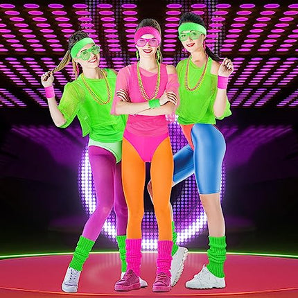 BOFUNX Accessori Anni 80 Donna Costumi Neon Anni 80 Kit per Travestimento Anni 80 Maglietta a Rete Canotta Scaldamuscoli Collana Orecchini Occhiali per Carnevale Festa Cosplay