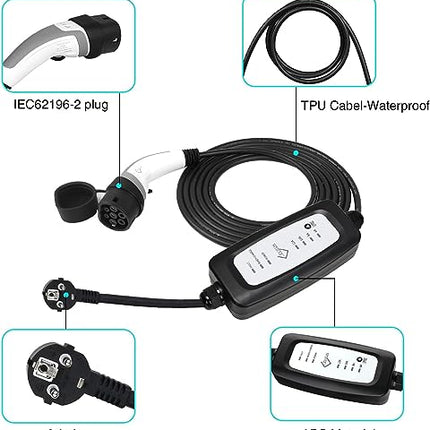 EVIEUN ev Cavo di Ricarica,ev Charger Tipo 2 Portatile Standard Europeo con Scatola Commutabile 6-16A Schuko 2 Pin (Spina di Euro) 3.6KW,19.86ft