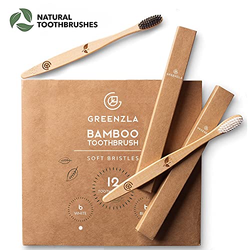 Greenzla Spazzolini Bamboo (Set da 12) | Spazzolini da denti a setole morbide senza BPA | Set di spazzolini da denti in bambù naturale ecologico | Spazzolini da denti biodegradabili e compostabili