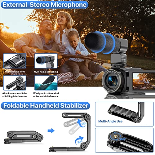 Videocamera 4K, UHD 48MP 60FPS, Wi-Fi IR Visione Notturna Camera, 16X Zoom Digitale 3.0" IPS Touch Screen Ruotabile 270 ° , youtube con Microfono,Telecomando, Stabilizzatore, Paraluce