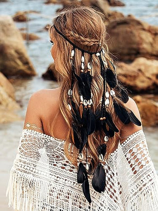 Fashband Fascia per capelli con piume indiane, stile bohémien, hippie, copricapo tribale nero con perline, accessorio per capelli per donne e ragazze