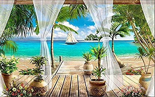 XHXI Carta da parati fotografica Stile nordico Colonna romana Spiaggia Vista mare Sfondo 3D Carta da parati Soggior 3D Carta da parati fotomurali poster murale Soggiorno camera letto-150cm×105cm