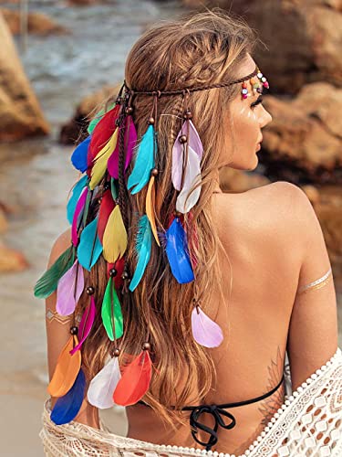 Yean Fasce per capelli con piume bohémien indiane copricapo colorato hippie fascia per capelli fatta a mano piuma rave accessori per capelli