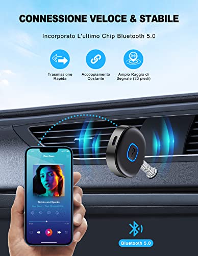 Mohard Ricevitore Bluetooth 5.0, Mini Aux Bluetooth Auto per Stereo/Altoparlante/Cuffie Cablate, Adattatore Bluetooth Auto Jack 3.5 mm, Chiamate in Vivavoce, Connessione Doppia, 16 Ore di Riproduzione