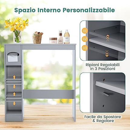 COSTWAY Mobile Sopra WC, Mobiletto Salva Spazio da Bagno Autoportante con Ripiani Regolabili e Porta Carta Igienica, Organizzatore Multifunzionale per Bagno, 75,5x19,5x81,5cm (Grigio)