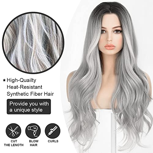 SHANHAIKX （28 pollici 70 cm）Parrucca Grigio Argento Cosplay da donna lunghi capelli ricci ondulati termina,Parrucca sintetica,ondulata lunga e resistente al calore