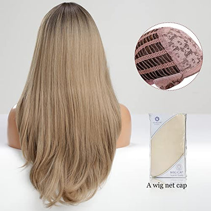 HAIRCUBE Lungo diritto con frange Parrucche per le Donne Natura Resistente al calore Fibra sintetica Parrucche con Pony Cosplay quotidiano (radice scura ombre marrone miele)