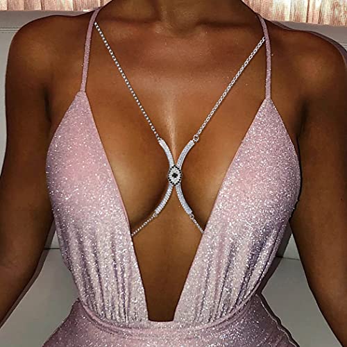 IYOU Splendore Strass Corpo Catena D'argento Malocchio Bra catene Scintillante Discoteca Halloween Festa Petto Catena Accessori per Donne (Argento 1)