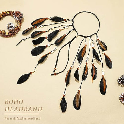 Fashband Fascia per capelli con piume indiane, stile bohémien, hippie, copricapo tribale nero con perline, accessorio per capelli per donne e ragazze