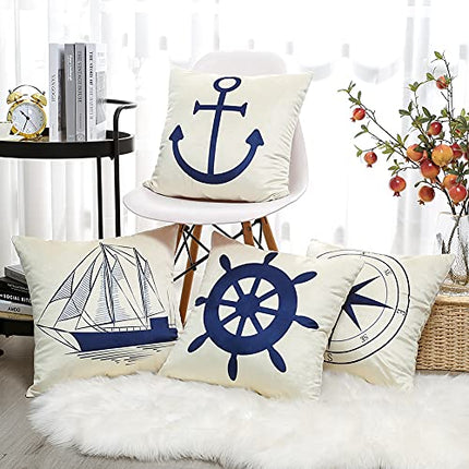 JOTOM Fodera per Cuscino Pianta da Fattoria Floreale Motivo Copricuscini in Velluto per Divano Casa Soggiorno Camera da Letto Decorazione della Casa, 45x45 cm, Set 4 Pezzi (Ancora Barca a Vela)