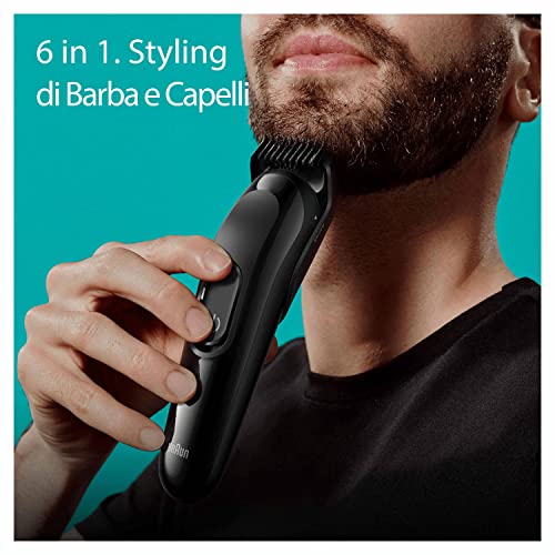 Braun Regolabarba Tagliacapelli Uomo, Rasoio Elettrico Barba e Capelli, 6-In-1 Styling Kit Ideale Per Barba, Capelli, 50 Minuti Di Utilizzo Senza Fili, MGK3420