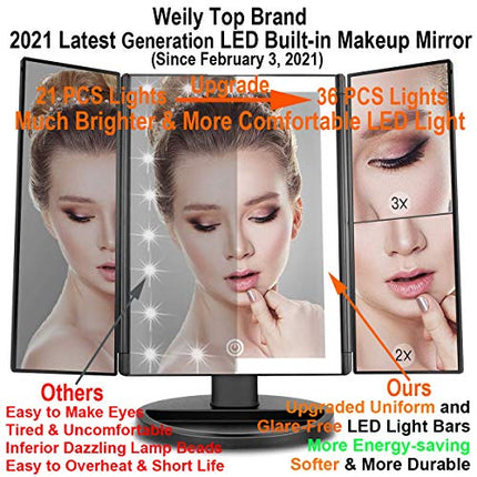 WEILY Specchio per il Trucco con Luce, Specchio Cosmetico Triplo con Ingrandimento 2X/3X, 36 Luci a LED e due Modalità di Alimentazione Specchio Cosmetico da Tavolo