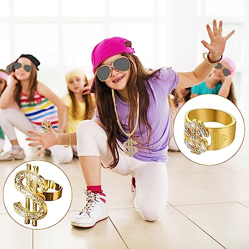 Accessori Rapper, Costume Hip Hop, Hip Hop Set Catena Placcata Oro, Collana Dollaro Collana Piatta Oro Anello Dollaro Travestimento Accessossi per festa a tema 80 anni '90 Concerti Cosplay Carnevale