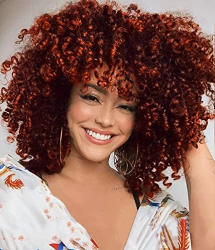 Colorfulpanda Parrucca Afro Riccia per Donne Nere Ombre Arancia Kinky Curly Bob Parrucca crespi capelli sintetici naturali di media lunghezza per costume o uso quotidiano,Colore Misto Rame Rosso