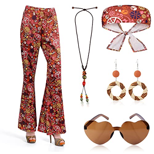 KINBOM Set di Costume Hippie Anni 70 e 60 per Donna, Pantaloni Bootcut Hippie Anni 70 Vintage Hippie Vestiti Set di Accessori Hippie Costume Bohémien Orecchini Collana di Perline per Donna (L