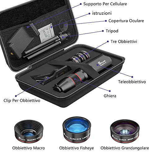 Selvim Kit Obbiettivi Smartphone, Versione Aggiornata con Lenti Blu-Ray Per Migliore Risoluzione, Obbiettivo Macro 25x, Grandangolare 0.62X, Fisheye 235, Teleobbiettivo 22x, Compatibilità Universale.