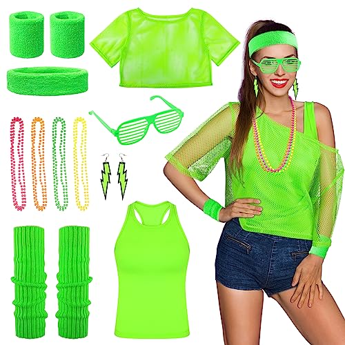 BOFUNX Accessori Anni 80 Donna Costumi Neon Anni 80 Kit per Travestimento Anni 80 Maglietta a Rete Canotta Scaldamuscoli Collana Orecchini Occhiali per Carnevale Festa Cosplay