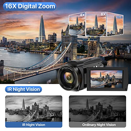 Videocamera 4K, UHD 48MP 60FPS, Wi-Fi IR Visione Notturna Camera, 16X Zoom Digitale 3.0" IPS Touch Screen Ruotabile 270 ° , youtube con Microfono,Telecomando, Stabilizzatore, Paraluce