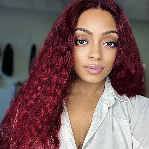 Parrucca riccioli rosso vino per le donne ricci lunghi ricci sintetici in pizzo parrucche 130% densità naturale Wig Afro donne peruzzi DE067C