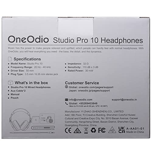 OneOdio Pro 10 Cuffie Over Ear, Cuffie Cablate con Shareporte Microfono, Jack 3,5 mm e 6,35 mm, Cuffie perRegistrazione, Mixaggio, Monitoraggio in Studio, DJ, Chitarra,Podcast, Cellulare, PC