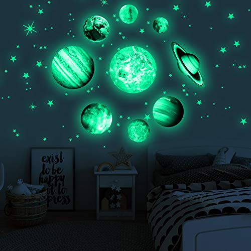 Yosemy Adesivi da Parete Fluorescenti 9 Pianeta 4 Stelle Fluorescenti Sistema Solare Decorazione Adesivo Murali Sticker da Muro per la Casa Camera da Letto Cameretta Finestra Soggiorno