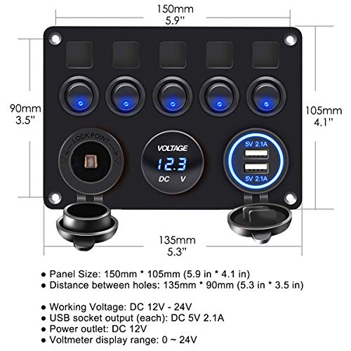 12/24V Pannello di Commutazione Marino, Porta caricatore USB 4.2A + Presa accendisigari + Voltmetro, IP65 impermeabile Interruttori per Auto Barca Macchina RV veicoli Controllo del Circuito