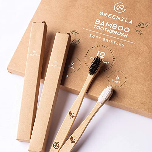 Greenzla Spazzolini Bamboo (Set da 12) | Spazzolini da denti a setole morbide senza BPA | Set di spazzolini da denti in bambù naturale ecologico | Spazzolini da denti biodegradabili e compostabili