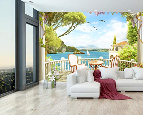 wandmotiv24 Carta da parati Balcone Villa Lake XS 150 x 105 cm - 3 parti Carta da parati fotografica, murale, carta da parati a motivi, carta da parati in tessuto non tessuto M1071