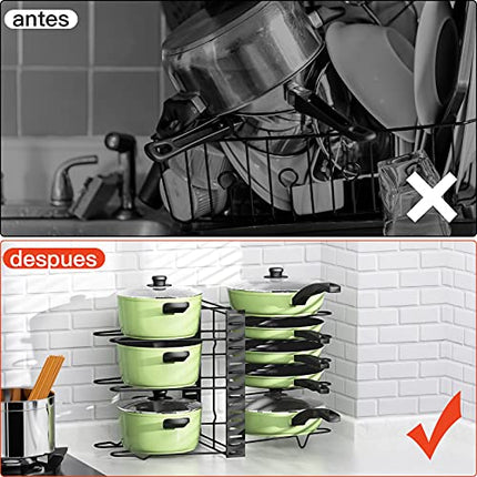 Liesun Contenitore pentola con 8 scomparti regolabili, contenitore coperchio casseruola, contenitore pentole nell'armadio, contenitore pentola, contenitore per pentole, contenitore per cucina piatto,