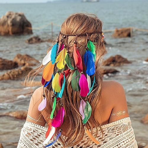 Yean Fasce per capelli con piume bohémien indiane copricapo colorato hippie fascia per capelli fatta a mano piuma rave accessori per capelli