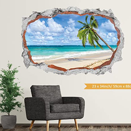 HPNIUB Spiaggia di Palme Adesivo da parete,90x60cm Adesivi da parete Effetto 3d,Adesivi Murali Rotto per Soggiorno,3D Palma Parete Muro,Paesaggio Decalcomanie per Camera da Letto Cameretta Decor
