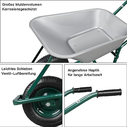 AIRAJ Carriola, portata 250 kg, capacità 100 l, ruote con cuscinetti a sfera e pneumatici in gomma, carriola da giardino, per casa, giardinaggio