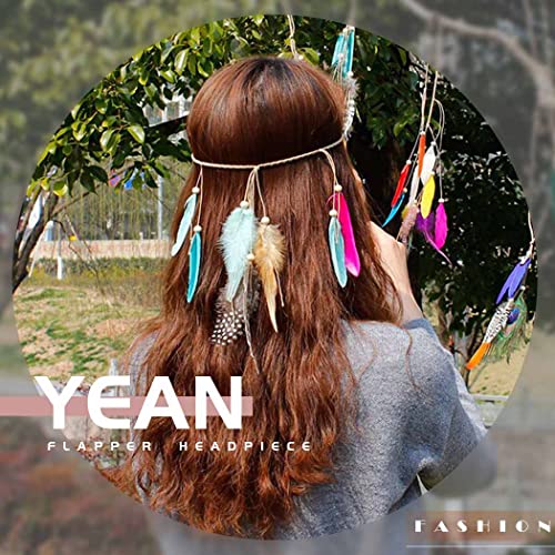 Yean - Fascia indiana con piume hippie, copricapo bohémien con nappa, catena, piuma, accessori per feste in maschera, da donna e ragazza