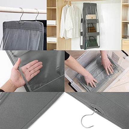 Saijer Borsa Organizzatore Armadio,3 Pezzi con 6 Tasche Grigio Non Tessuto Il Salvaspazio Pensile Porta Borse da Armadio Organizer da Appendere per Borsa Organizer Borse Pieghevole per Camera da Letto
