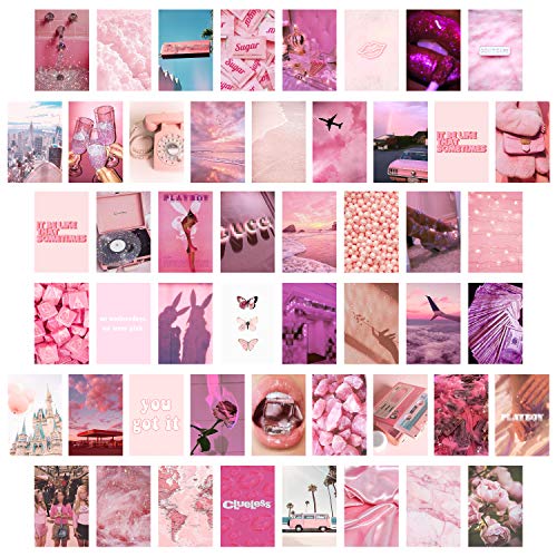 50pcs immagini estetiche per collage da parete, stampe collage rosa rosa, colori caldi, decorazione della stanza per ragazze, stampe artistiche da parete per camera, dormitorio, esposizione di foto