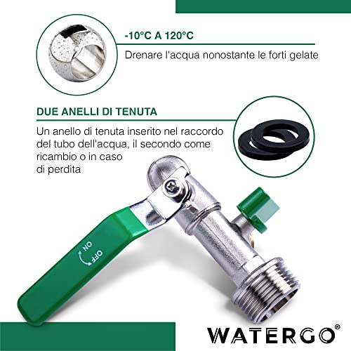 WATERGO Rubinetto 1/2 Pollici (Verde) – Doppio Rubinetto in Ottone per Giardino e Casa | Doppia Valvola a Sfera incl. Nastro Sigillante, Anelli di Tenuta, 2 Connettori per Tubo Flessibile e Ebook