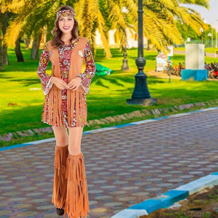 Gohytal Costume Hippie da Donna Anni '70 Anni '80, con Giubbotto con Frange Orecchini con Simbolo Della pace e Degli Anni '70 per Costume da Carnevale da Donna, Karneva Discoteca, Festa in Costume-M