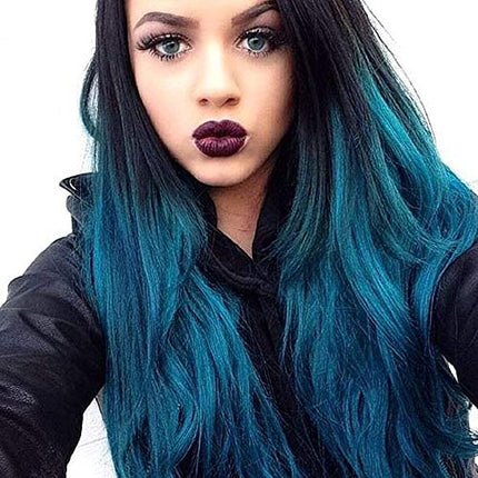 Parrucche lunghe ondulate blu verde pizzo anteriore per donna capelli ombre di colore misto con radici scure parrucca sintetica resistente al calore festa cosplay Halloween uso quotidiano 61 cm