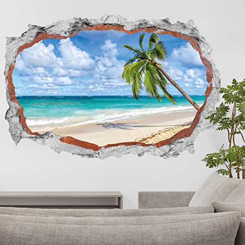 HPNIUB Spiaggia di Palme Adesivo da parete,90x60cm Adesivi da parete Effetto 3d,Adesivi Murali Rotto per Soggiorno,3D Palma Parete Muro,Paesaggio Decalcomanie per Camera da Letto Cameretta Decor