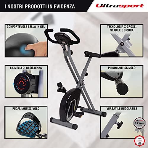 Ultrasport F-Bike, Bicicletta Trainer, Fitness Bicicletta LCD Computer allenamento, Cyclette pieghevole, Max. Peso 110 kg, misurazione pulsazioni, 8 livelli resistenza, ruota rifinitura, Argento/Nero