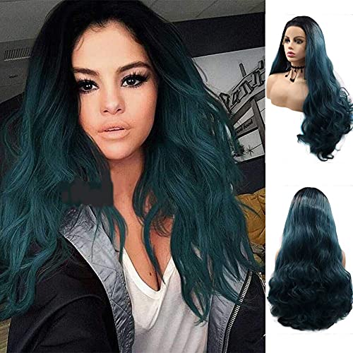 Parrucche lunghe ondulate blu verde pizzo anteriore per donna capelli ombre di colore misto con radici scure parrucca sintetica resistente al calore festa cosplay Halloween uso quotidiano 61 cm