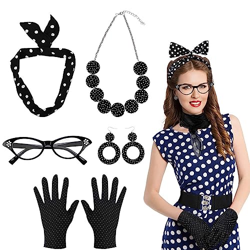 Mineup 5pcs Set di Accessori per Costumi Anni '50, Accessori per Costume da Donna Anni '50, Accessori Costumi Anni '50 fascia occhiali orecchini guanti Collana per Festa Compleanno Carnevale e Laurea