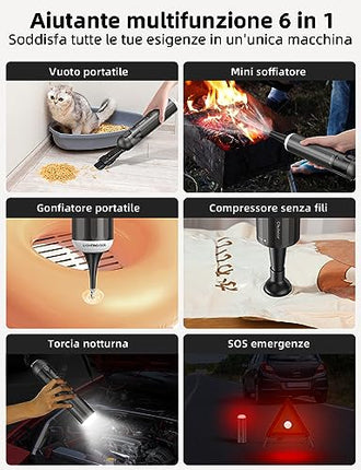 Chuboor Aspirabriciole Senza Fili, Aspirapolvere Auto 14000Pa Aspirabriciole 6 in 1 Multifunzione 25 Min Ricaricabile con Ventilatore/Gonfiatore/Pompa/LED e Luce SOS per Casa Auto All'aperto - P13B