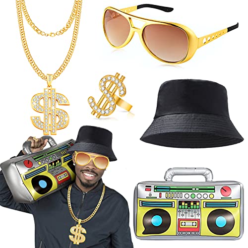 Set di costumi hip hop, outfit da uomo anni '80 e '90, accessori da rapper, cappello da pescatore, occhiali da aviatore, collana da un dollaro, anello da un dollaro, boom box gonfiabile