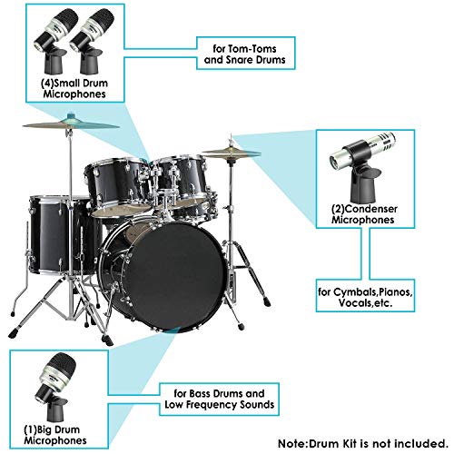 Neewer Set di 7 micro cablato per percussione, microfono per grande cassa/tamburo/condensatore per percussioni, vocali e altri strumenti con morsetto, inserti, supporto per microfono e alloggiamento