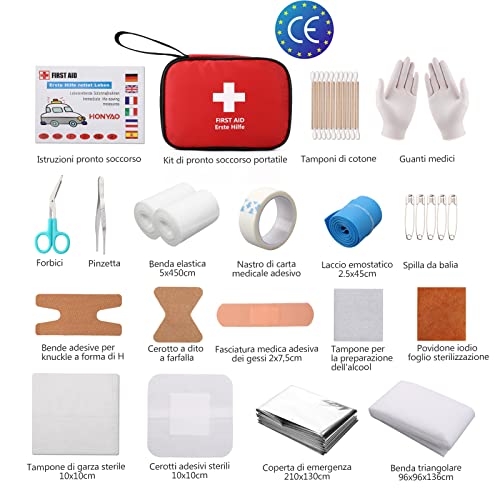 HONYAO Kit di Pronto Soccorso Portatile 90 Pezzi, Mini Borsa per Casa Auto Viaggio Moto All'aperto Trekking e Campeggio