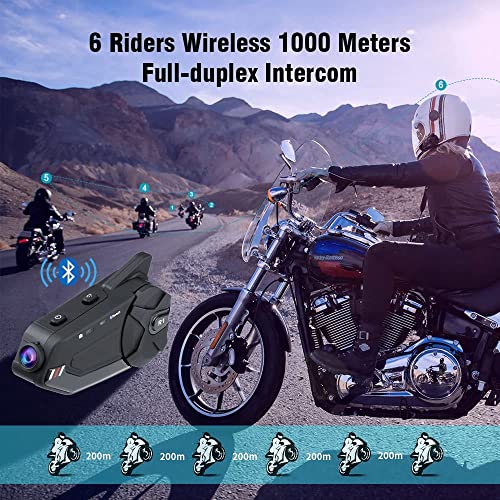 OBEST Moto Bluetooth Interfono, Casco da moto, con 1080P, fotocamera, 1000 m, 6 Riders Group Intercom impermeabile, con scheda FM/Bluetooth 5.0/64G TF/2 in 1 Microfono