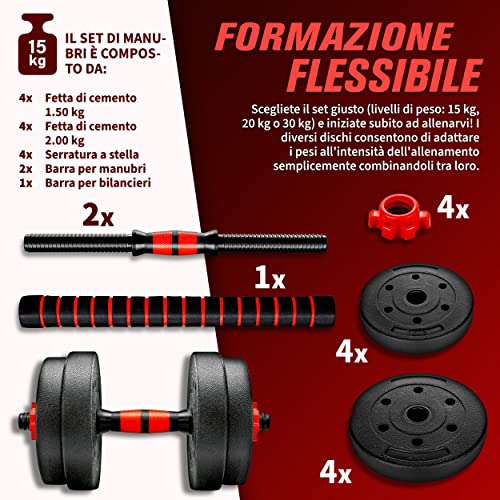 RE:SPORT Set di manubri 2 in 1 15kg | regolabili | corti e lunghi | Chiusure a stella e tubo di collegamento